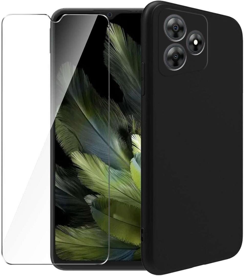 Case for Blackview Wave 8C + Glass Screen Protector Tempered Film - Transparent Silicone Soft Flexible Bumper Shockproof TPU Protective Cover Shell (Black)