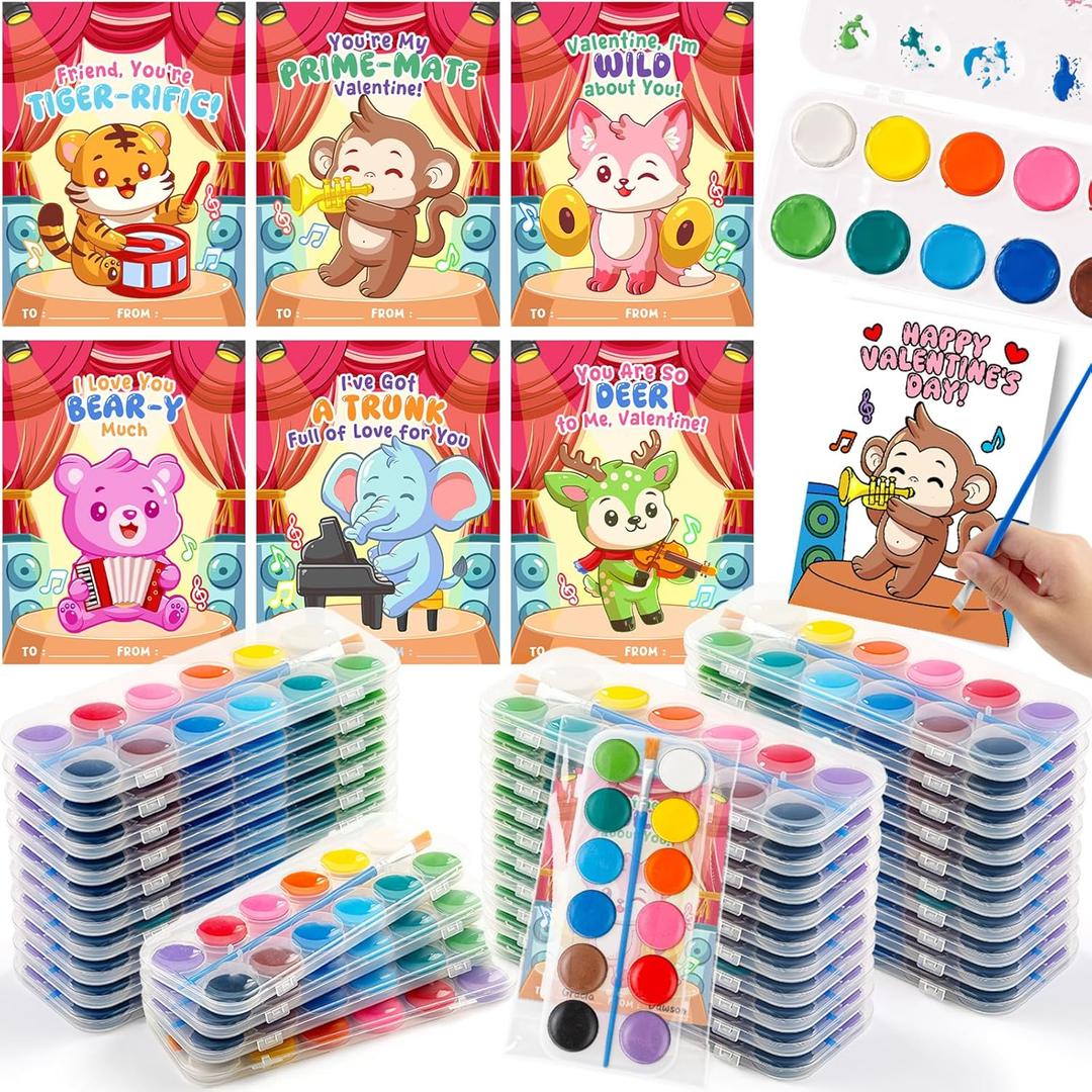 Valentines Day Cards for Kids School - 24 Packs Watercolor Paint Sets in 12 Colors, Valentines Day Gifts for Kids, Painting Bulk for Valentine Party Favors, Classroom Exchange Prize for Boys Girls