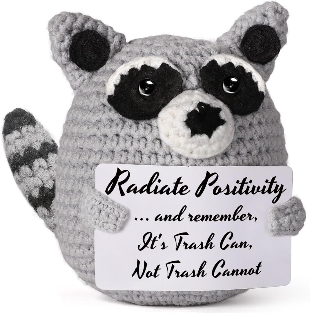 Tiny Handmade Raccoon Gift, Positive Crochet Animal Trash Panda, Emotional Support Plush for Men & Women, Friend, Coworker, Bestie, Motivational Encouragement Present, Best for Birthday & Christmas