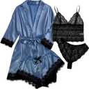 WDIRARA Women' Silk Satin Pajamas Set 4pcs Lingerie Floral Lace Cami Sleepwear with Robe (Large, Blue Black Bow)