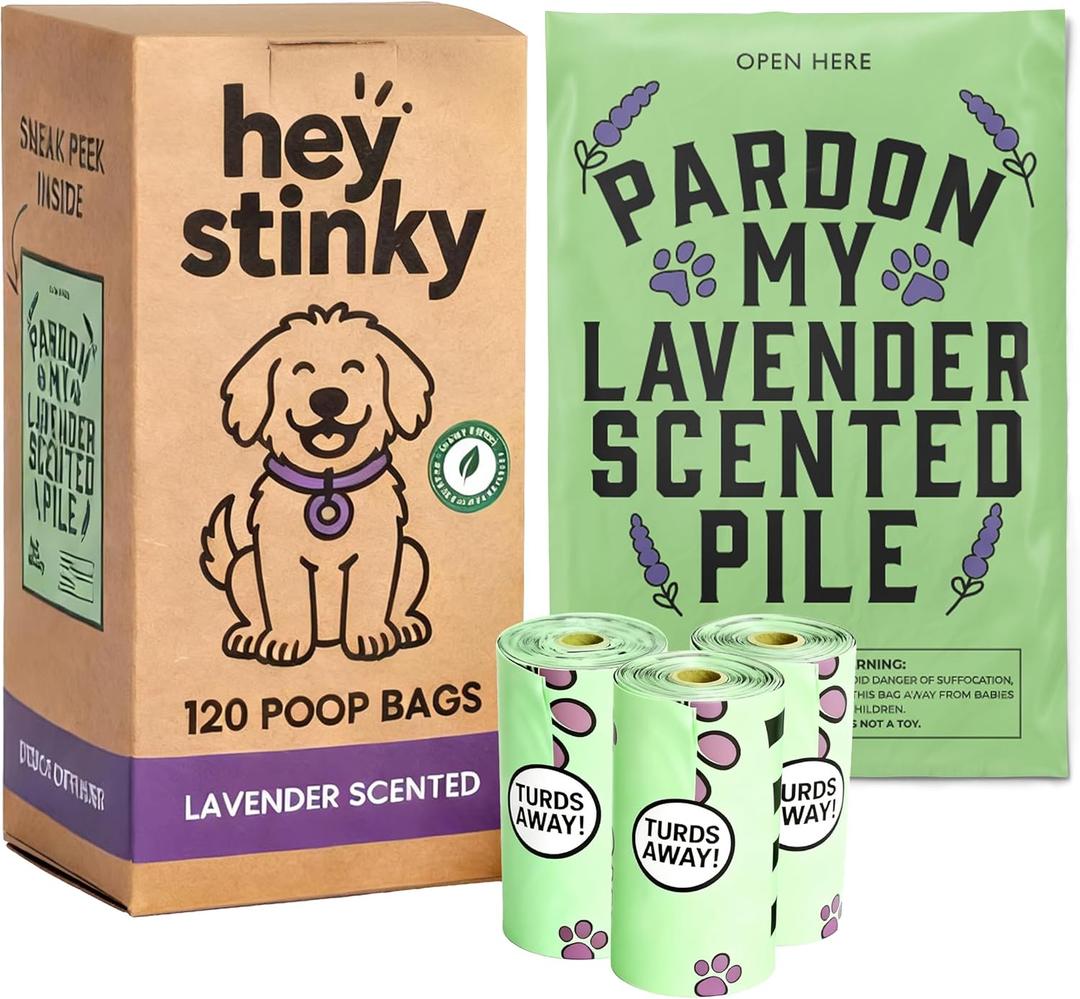 Dog Poop Bags 120 Count – Leakproof, Easy Open, Lavender Scent | Extra Thick Plant-Based PLA + PBAT, Fits All Dispensers | Funny Hey Stinky Design – Proudly Supporting Service & Therapy Dogs