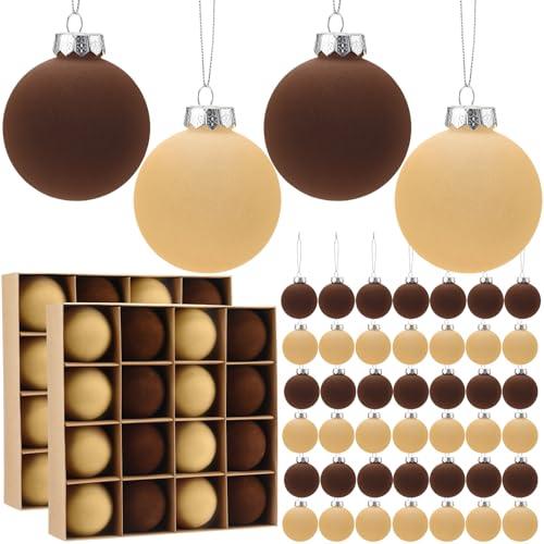 Hollowfly 48 Pcs Velvet Christmas Balls Bulk 3.15 Inch Flocked Ball Ornaments Xmas Plastic Decorative Hanging Ornaments for Holiday Party Christmas Tree Decorations (Beige,Brown)