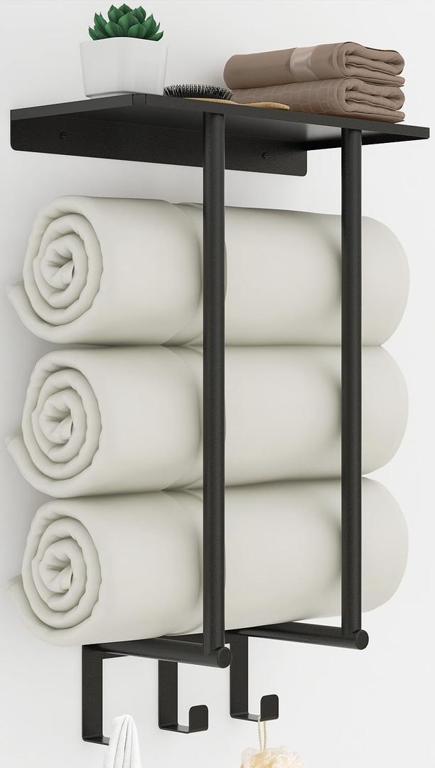 Towel Racks for Bathroom, Bathroom Towel Rack Wall Mounted with Metal Shelf and 3 Hooks for Small Bathroom, Black (Round Tube)