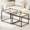 Garden 4 you Coffee Table Set of 2, Modern Patterned Glass Nesting Table, Metal Frame Square Center Table Set, Side Tables, Nesting Coffee Table for Living Room, Bedroom and Small Spaces, 23.6in Black