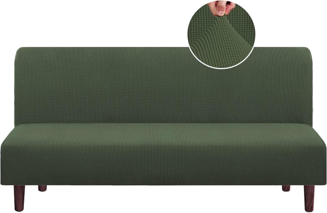 PrinceDeco Jacquard Futon Cover Stretch Armless Futon Sofa Cover Soft Futon Slipcover with Elastic Bottom Thick Sofa Bed Furniture Protector Covers, Machine Washable, Bronze Green