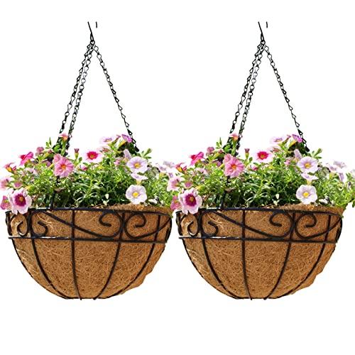 EIMQUVW Outdoor Metal Hanging Planters Basket (2pack, 14 inch) Hanging Baskets for Plants Chain Round Wire Plant Holder with Coco Fiber Liners for Garden, Patio, Deck, Porch(Flower Border)