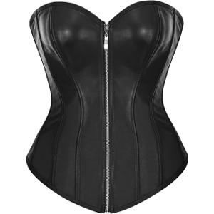 bslingerie Womens Faux Leather Zipper Front Bustier Corset Top (Medium, Black)
