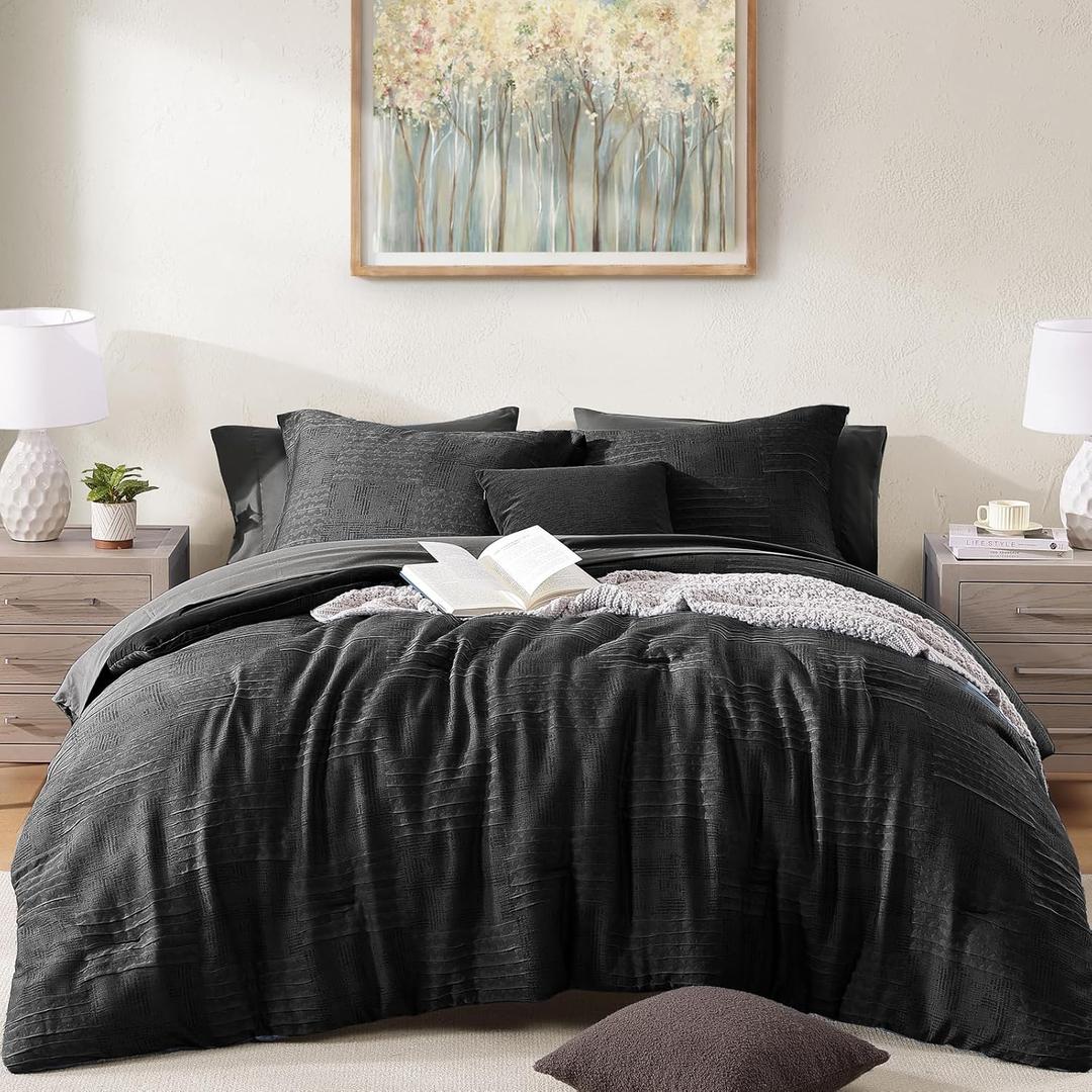 MaiRve Queen Comforter Set Black, Textured Design Crinkle Bedding Sets 7 Pieces, All Season Bed in A Bag with Comforter, Sheets, Pillowcases & Shams