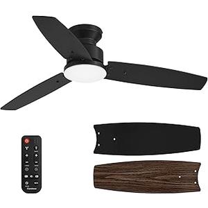 Conciseer Modern 42 Inch Ceiling Fans with Lights and Remote, Bedroom Living Room Office, Flush Mount, 18W 3CCT Dimmable, Dual Color 3 Blades 6 Speed Reversible Quiet DC Motor, Black/Wood Grain