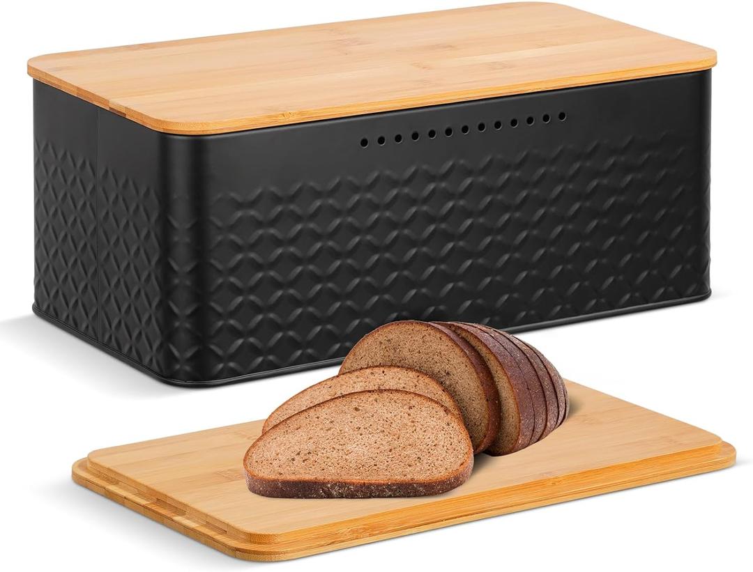 Metal Bread Box with Bamboo Cutting Board Lid, Bread Storage Container for Kitchen Countertop, Modern Bread Bin Holder Breadbox, Kitchen Decor Organizer (Black)