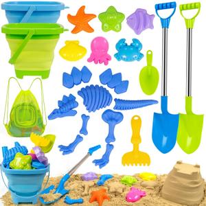 Beach Sand Toys Set Includes Collapsible Buckets 2 Big Size Sand Shovels, Rake, Animal Sand Molds Toys with Mesh Bag, Sandbox Kit for Kids Age 3+(22 PCS)