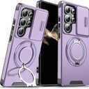 for Samsung Galaxy S25 Ultra Case with Slide Camera Cover and Rotating Kickstand Ring, Slim Magnetic Shockproof Accessories Phone Case for Samsung S25 Ultra (Purple)