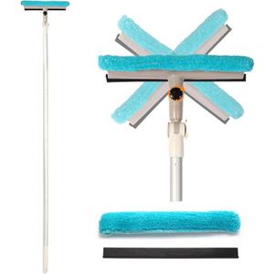 Window Squeegee Cleaner Tool, 2 in 1 Shower Glass Mirror Sweeper, Car Window Wiper, 360 Degree Rotatable Head, 2.46-4.95 Feet Adjustable Pole, Washing Tools Kit for Indoor Outdoor, Aluminum Made