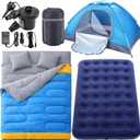 4 Pcs Camping Tent Set Include 1-2 Person Tent, Sleeping Bag, Air Mattress and 110v Ac/12v Electric Air Pump with 3 Nozzles Easy Set up Shelter with Rain Fly and Carrying Bag for Outdoor, Air mattress size: about 75 × 54"