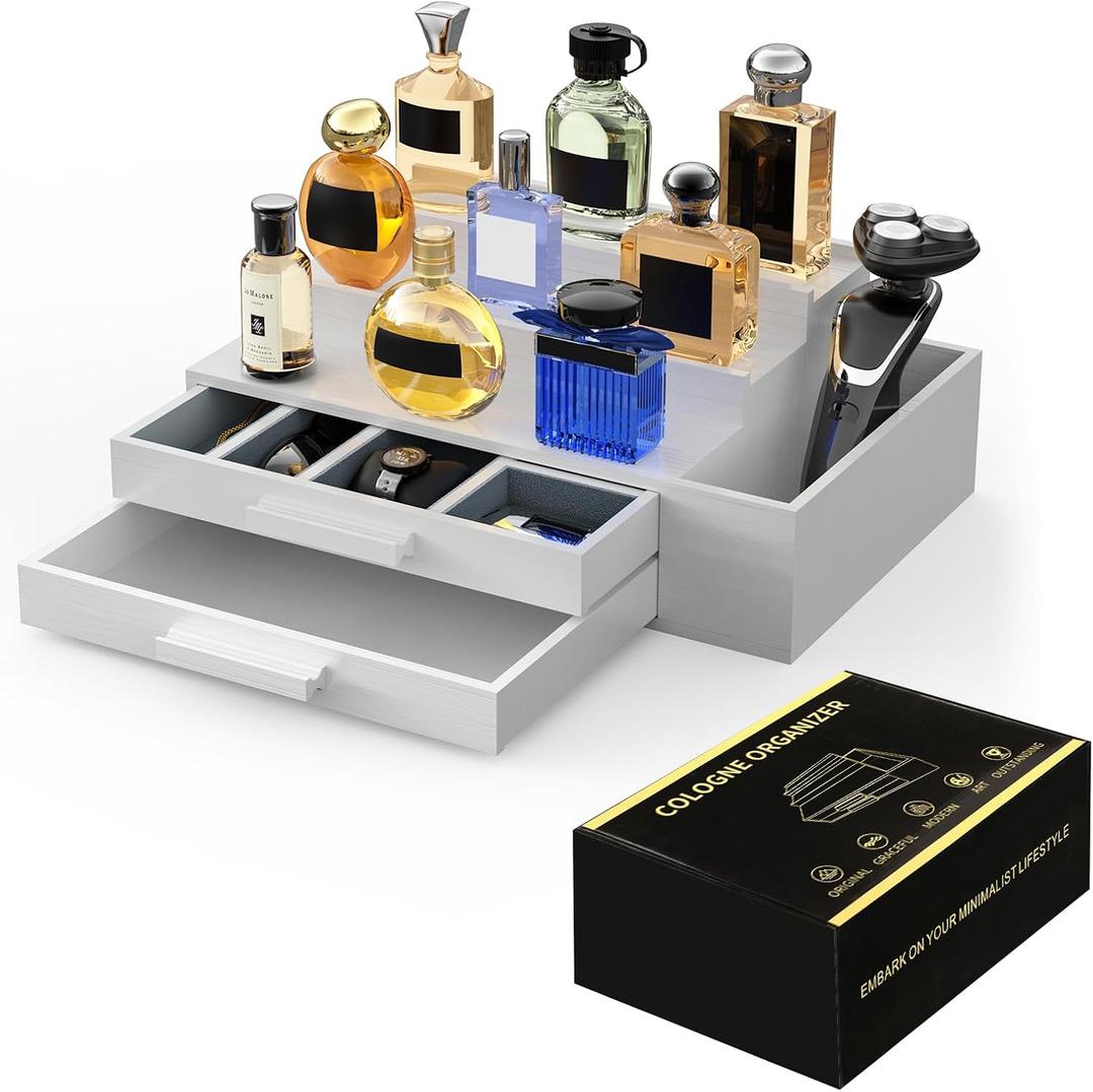 Cologne Organizer for Men,3 Tier Cologne Stand with 2 Drawer and Side Extended Storage Space,Wood Perfume Stand OrganizerGreat Gift Packing Box for Men and Women-White