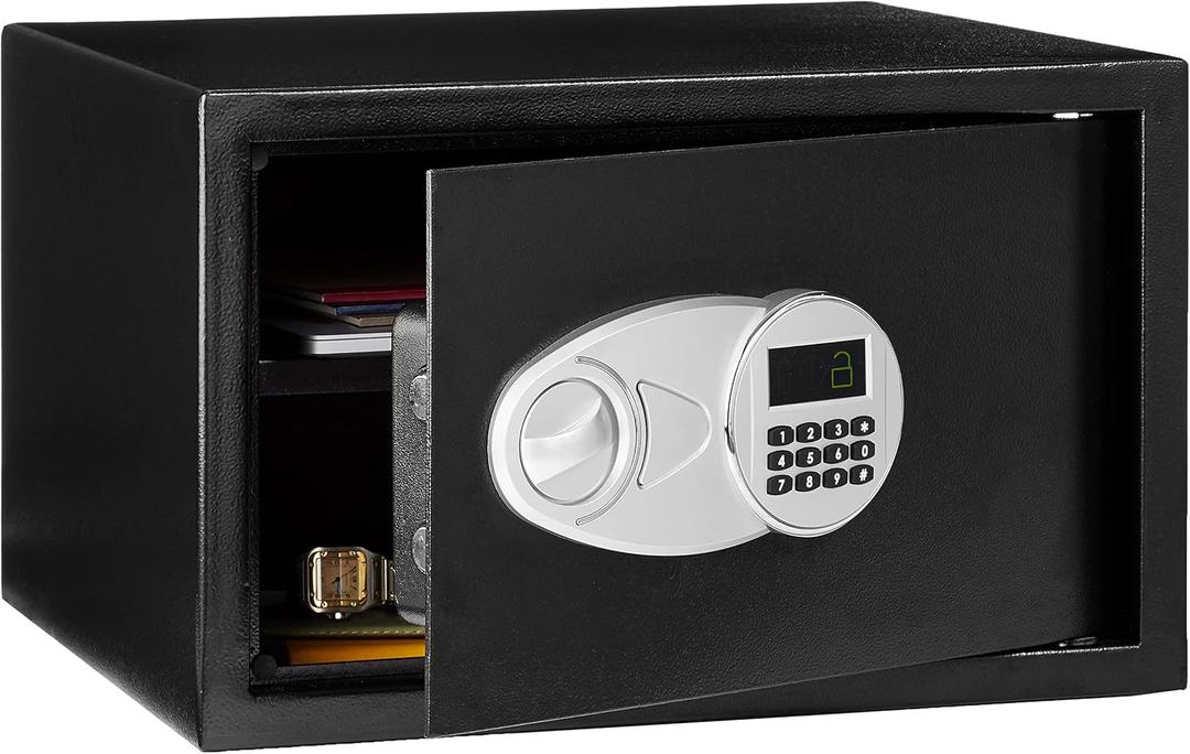 Amazon Basics Steel Security Safe and Lock Box with Digital Keypad, Easy to Use, Removable Shelf, Secure Cash, Jewelry, Documents, Black, 1.2 Cubic Feet, 16.9-x-14.6-x-10.6-inches (WxDxH)