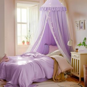 Bed Canopy with Star Lights, Double Layer Canopy for Bed, Princess Play Tent for Girls Room, Breathable Canopy Bed Curtain for Children Reading Nook, Machine Washable Canopy, 25.6''x106'', Purple