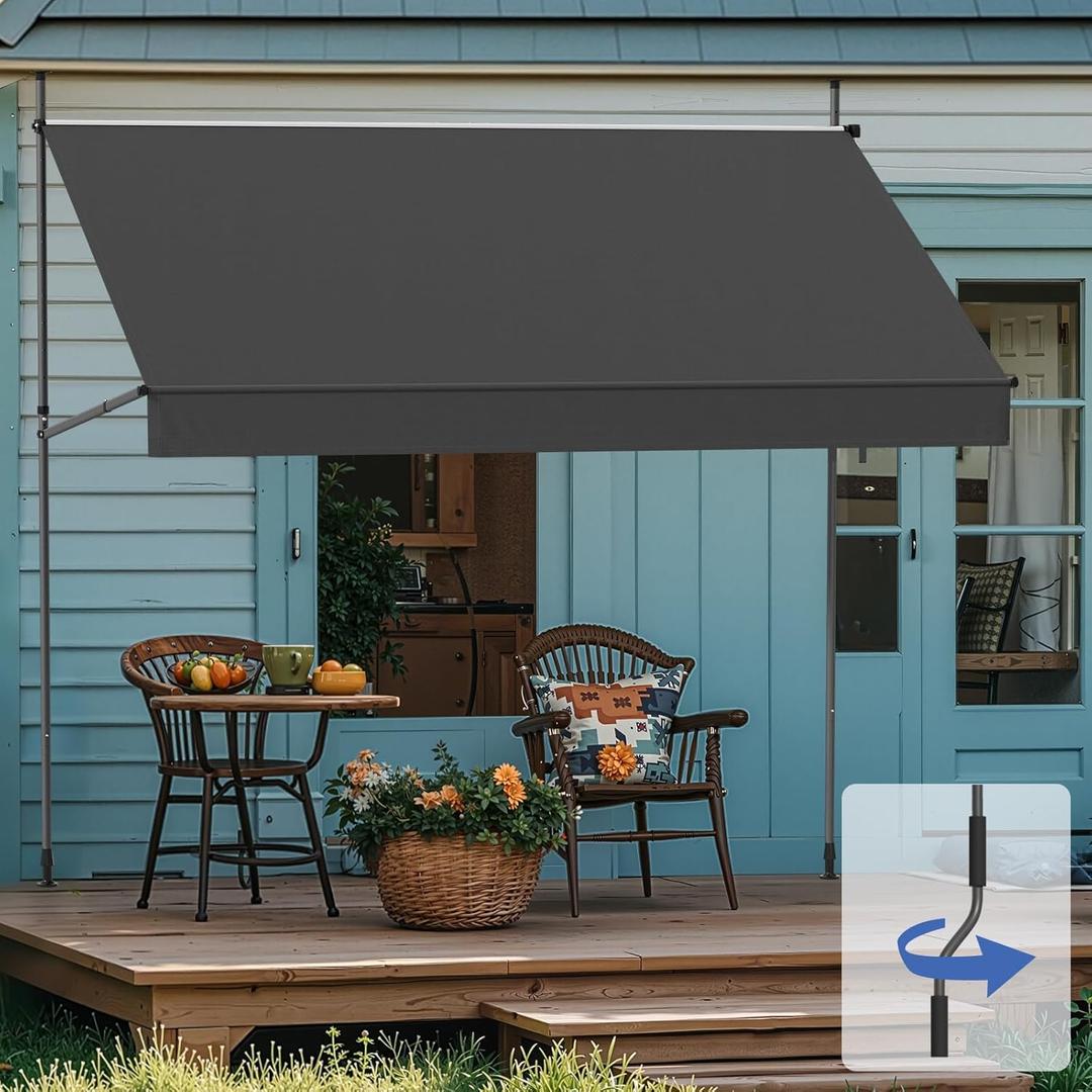Grandekor Manual Retractable Awning,59"W x 118"H,No Drilling Outdoor Sun Shade Patio Awning,Adjustable Patio Door Window with UV 50+ Protection for Backyard,Garden,Balcony,Max Height 118",Carbon gray