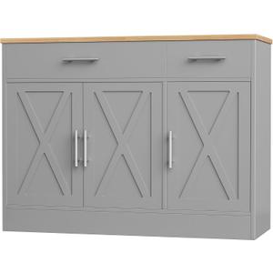 Shintenchi Modern Farmhouse Sideboard Buffet Cabinet with Storage with 3 Doors, 42"Barn Doors Buffet Cabinet with Storage, Wood Coffee Bar Cabinet with Adjustable Shelf for Kitchen, Living Room, Grey