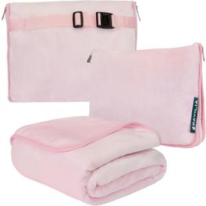 PAVILIA Travel Blanket Pillow, Soft Airplane Blanket 2-in-1 Combo Set, Plane Blanket Compact Packable, Flight Essentials Car Pillow, Travelers Gifts Accessories, Luggage Backpack Strap, 60x43 Pink