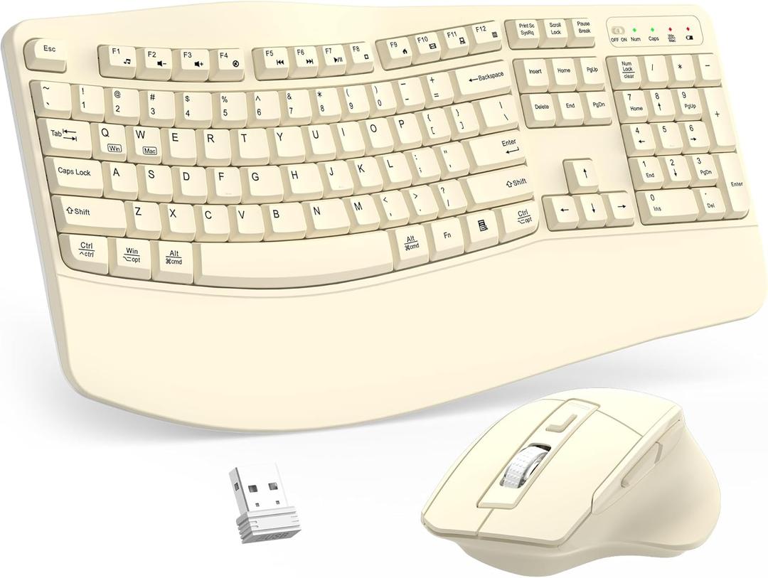 Wireless Keyboard and Mouse Combo, 2.4G Full Size Wave Keys Ergonomic Keyboard with Wrist Rest and 3-Level DPI Adjustable Wireless Ergonomic Mouse for Windows, Mac OS Desktop/Laptop/PC(Latte)