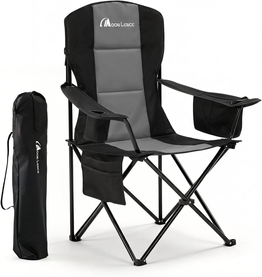 MOON LENCE Oversized Folding Camping Chairs, Portable Heavy Duty Outdoor Padded High Back Camp Chair w/Cup Holder, Cooler Bag, Lumbar Support, Side Pocket for Beach, Lawn, Picnic, Backpacking, Fishing, 20 inches x 20 inches x 44.9 inches