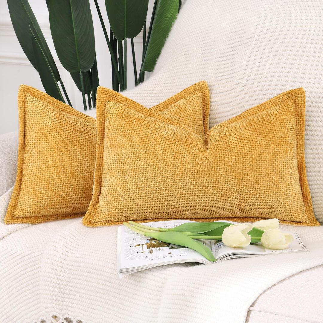 MADIZZ Chenille Velvet Throw Pillow Covers with Flange Set of 2 Super Soft Boho Textured Pillow Covers Decorative Throw Pillowcases Modern Farmhouse Home Decor for Sofa Bedroom Yellow 12x20 Inch