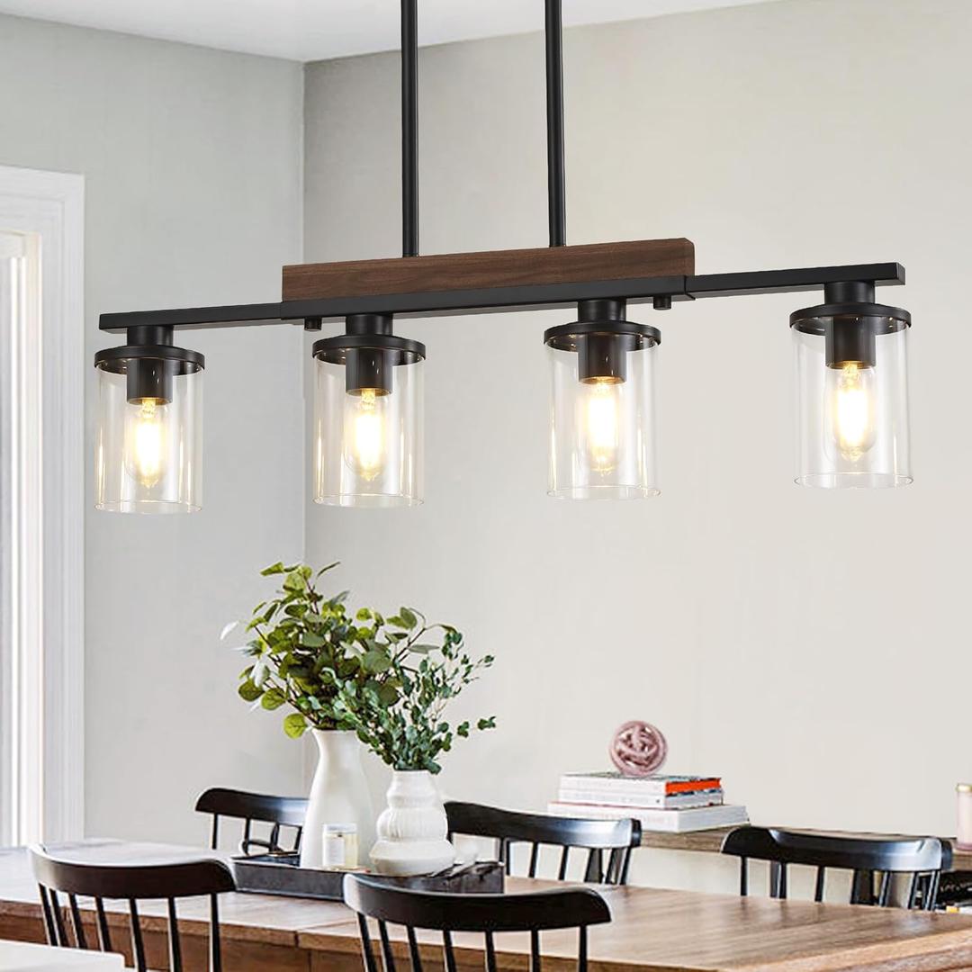 29.3'' Kitchen Island Light Fixtures, 4-Light Dining Room Light Fixture Chandelier Over Table, Black Modern Rustic Wood Ceiling Pendant Light Fixtures, with Clear Glass Shade, Farmhouse Chandelier
