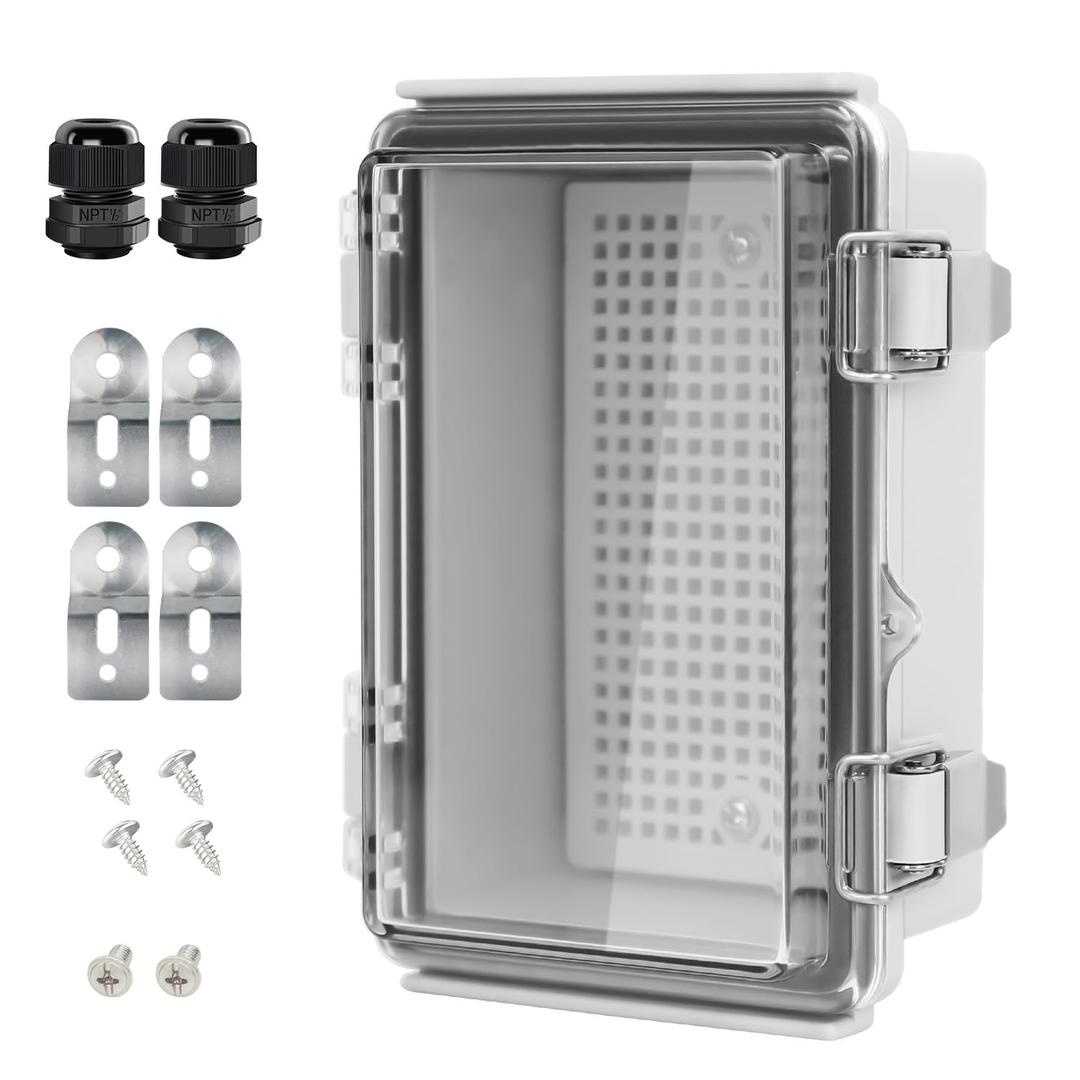 LeMotech Electrical Box, IP67 Waterproof Hinged Clear Cover Stainless Steel Latch Junction Box, ABS Plastic Electrical Enclosure with Mounting Plate,Wall Brackets, Cable Glands,5.9"x3.9"x2.8",Grey