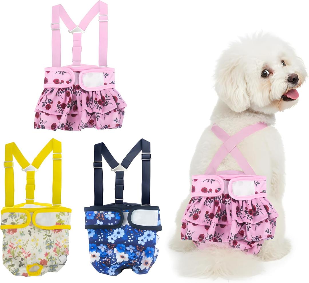 3 Pack Washable Female Dog Diapers with Suspender - Reusable Super Absorbent & Leakproof Fixed Doggie Diapers for Dogs in Heat Cycle (XS)