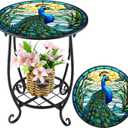 Cinnvoice Outdoor Side Table Round Small Mosaic Patio Accent Indoor End Plant Coffee Tea Table for Yard Patio Porch Garden Living Room, Bedroom(Peacock Style,14 Inch)