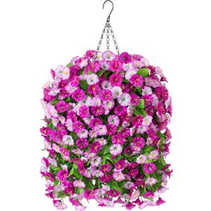 Ammyoo Artificial Fake Hanging Flowers Basket for Spring Decor, Faux Silk Flower in Planter for Summer, Outdoor Artificial Floral for Home Porch Yard(Double Lotus)