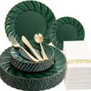YOUBET 150PCS Emerald Green Plastic Plates - Green and Gold Disposable Dinnerware Include 50 Plates, 25 Knives, 25 Forks, 25 Spoons, 25 Napkins Ideal for Party & Wedding