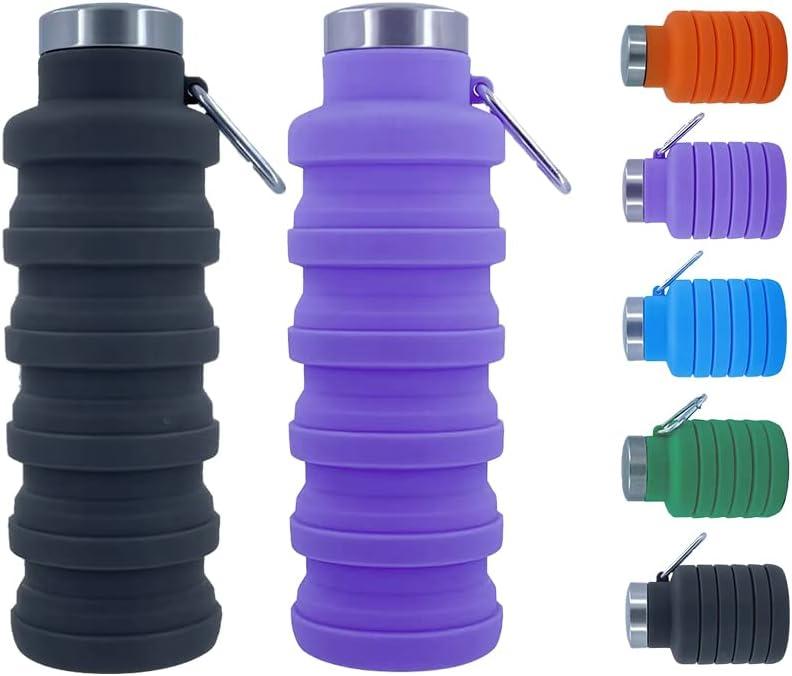 Collapsible Water Bottles BPA Free Travel Silicone Water Bottle with Carabiner17oz Reusable Foldable Lightweight Portable Sports Water Bottle for Travel Gym Camping Hiking (Purple)