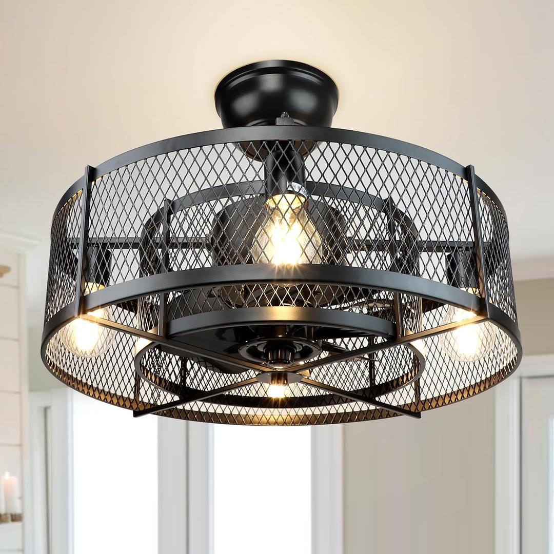 Caged Ceiling Fan with Lights: Black Rustic Bladeless Ceiling Fans with Remote - Farmhouse Fan Lights Ceiling Fixtures for Low Profile Living Room Bedroom Kitchen (E26 Based)