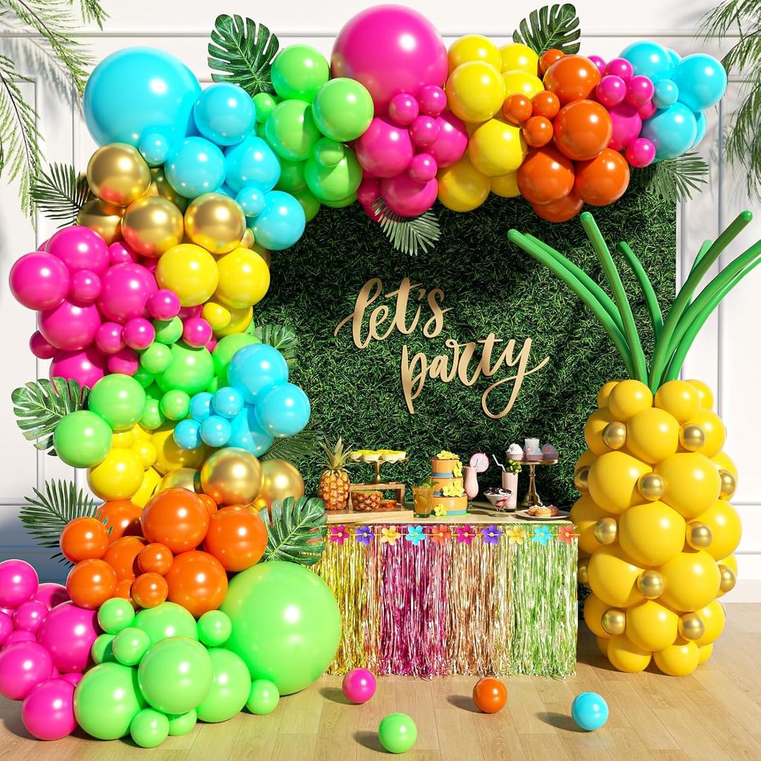 148pcs Tropical Balloon Arch Kit with Hot Pink Lime Green Teal Yellow Orange Metallic Gold Green Long Balloons fo Luau Tropical Hawaiian Pool Birthday Party Decorations