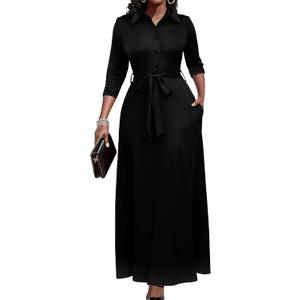 Runwind Women Church Maxi Dresses 3/4 Sleeve Button Down Print Casual Office Dress African (Large, 001-black)