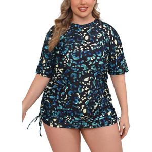 Halcurt Women's Plus Size Short Sleeve Rash Guard Swim Shirt Tie Drawstring UPF50+ Sun Protection Swimsuit Top Colorful Leopard 4XL