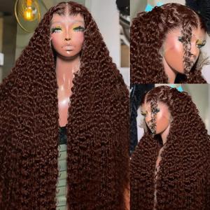 250% Density 13x6 FULL SKINLIKE HD Chocolate Brown Deep Curly lace front wigs Pre Plucked Real 0.10mm Ultra-thin Invisible Water Wave HD Lace Front Wigs Human Hair Small Knots Full Virgin Hair 26 Inch