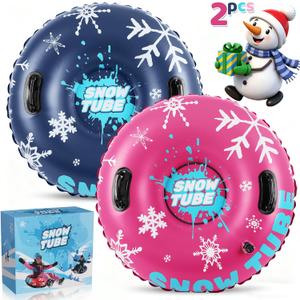 36 Inch Inflatable PVC Snow Tubes for Adults & Kids - Family Outdoor Winter Sledding Set with Thickened Hard Bottom & Handles for Safe Winter Snow Sports Fun (Blue, Pink)