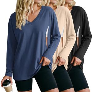 3 Pack Women's Oversize Nursing Shirts for Breastfeeding with Hidden Zippers Loose Fit Long Sleeve Maternity Tops (Large, Haze Blue, Apricot, Black)