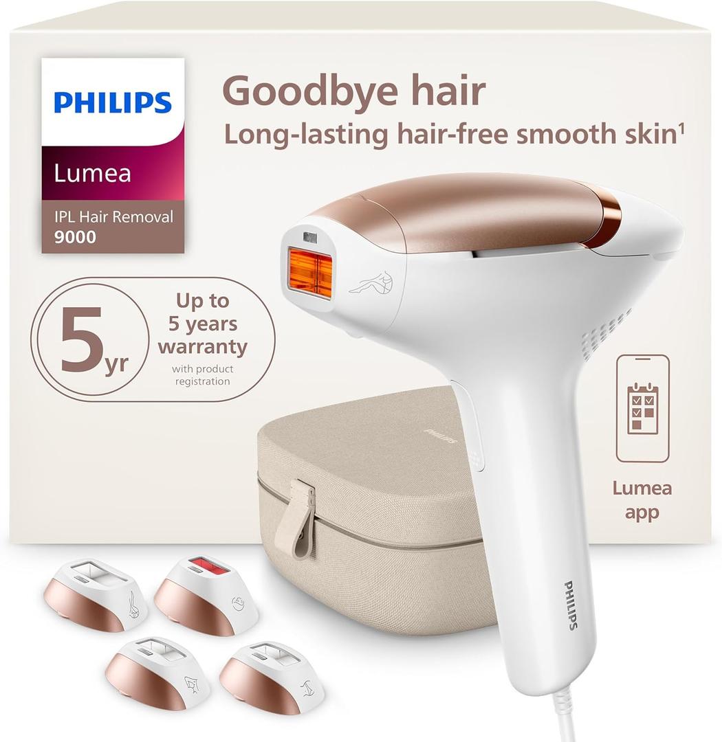 Philips Lumea 9000 Series IPL Hair Removal Device, Visible Permanent Laser Hair Reduction Done at Home, for Women & Men, SenseIQ Technology, 4 Attachments for Body, Face, Bikini & Underarms, BRI984/03 (White)
