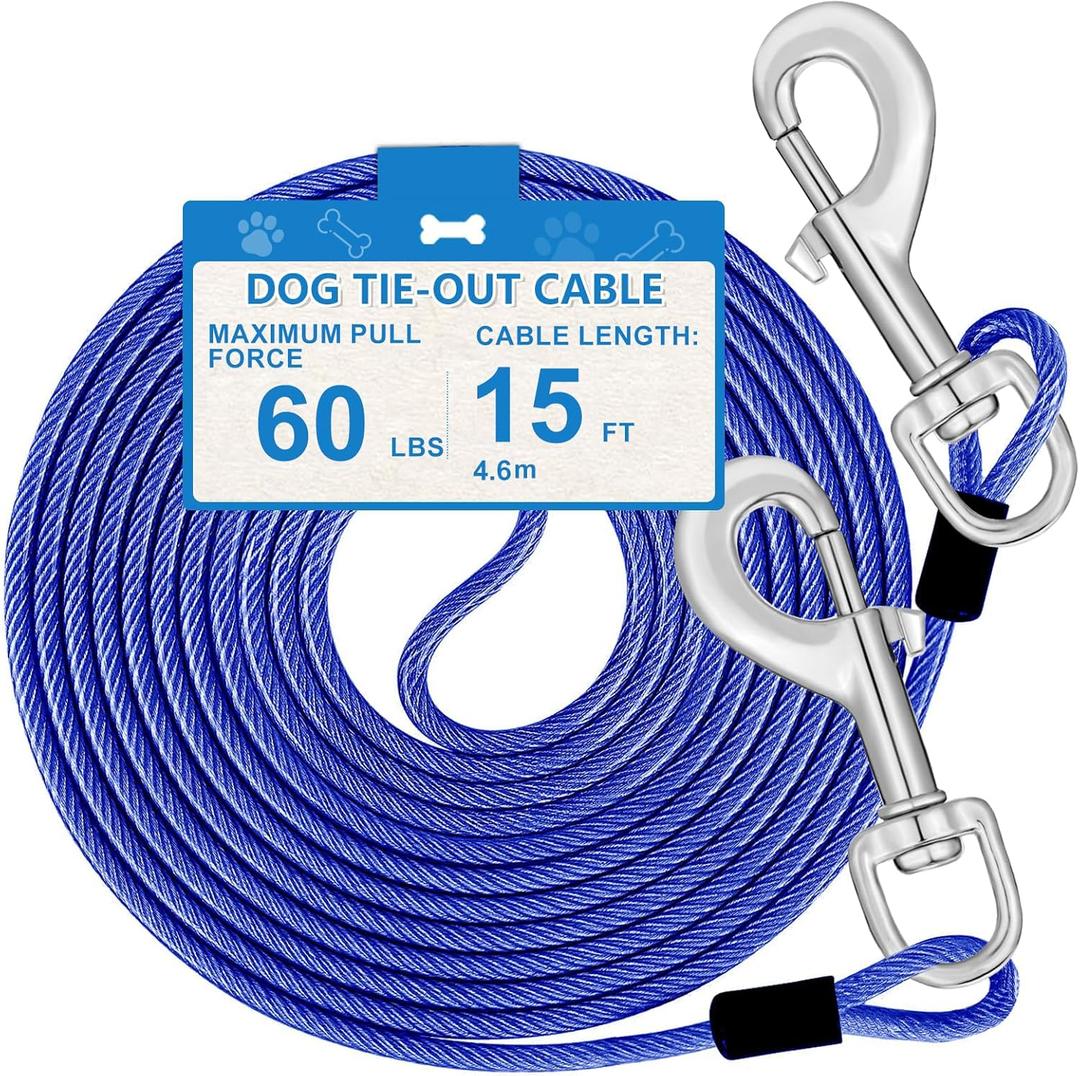 15ft Dog Tie Out Cable, Dog Leash Heavy Duty Tie Out Cable for Large Dogs Up to 60lbs Pull Force, Dogs Runner for Yard Outdoor and Camping, M, Blue