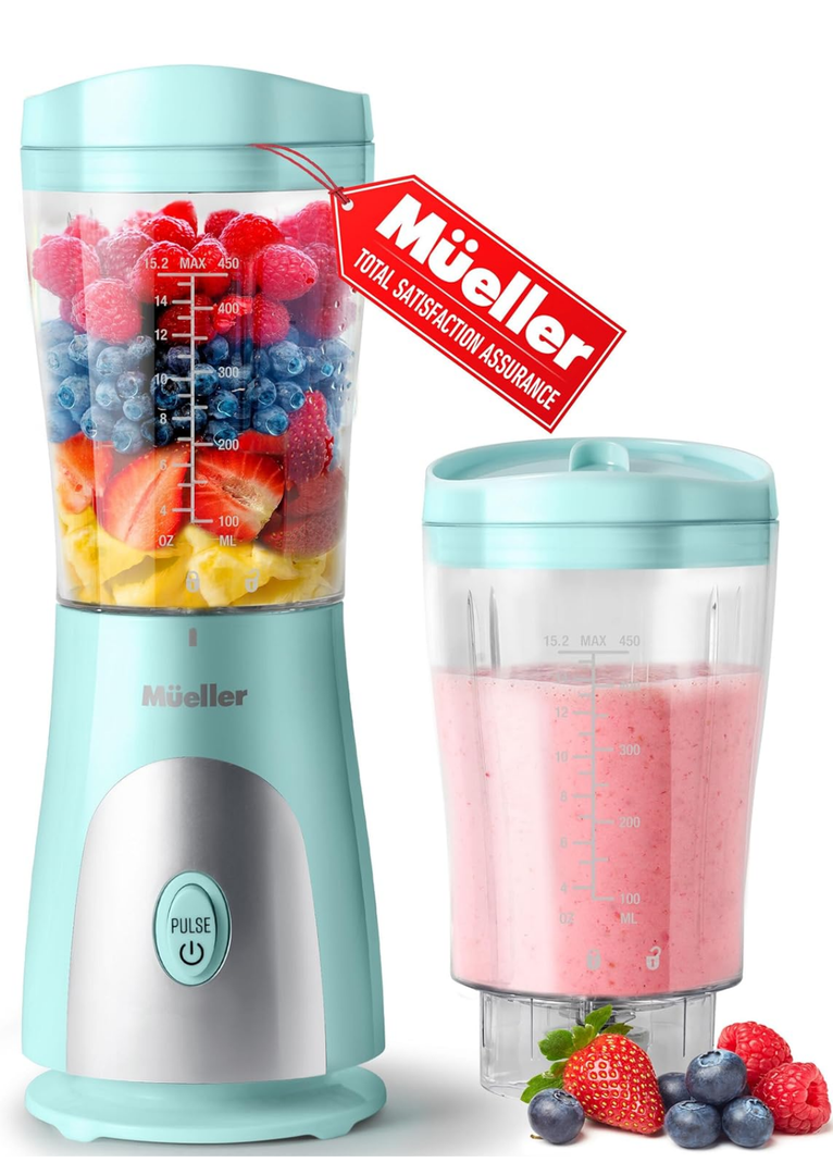 Mueller Personal Blender for Shakes and Smoothies with 15 Oz Travel Cup and Lid, Juices, Baby Food, Heavy-Duty Portable Blender & Food Processor, Turquoise