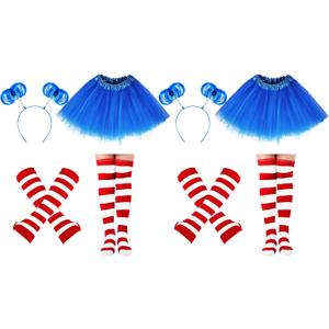 8 Pcs Women Blue Red Striped Costume Set Outfit Accessories Tutu Skirt Long Knee High Sock Striped Glove Headband (Blue)