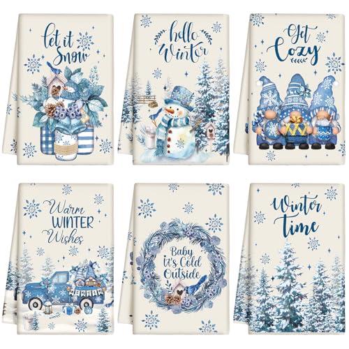 Breling Set of 6 Winter Kitchen Towel Hello Winter Dish Towel Let It Snow Bathroom Decorative Snowflake Snowman Dishcloth for Kitchen Bathroom Home Cooking Housewarming Gift, 14 x 21 Inch