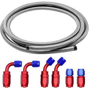 12FT 6AN Fuel Line Hose AN6 3/8" Silver Stainless Steel Braided CPE Tube Oil Fuel Gas Hose w/ 6 pcs Fitting Connectors Red & Blue