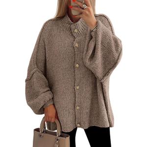 PRETTYGARDEN Women's Winter Button Down Cardigan Sweaters Mock Neck Lantern Long Sleeve Chunky Knit Jacket Trendy Outerwear (Small, Camel)