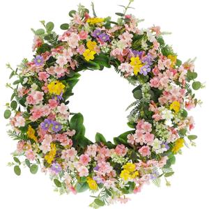 Faux Silk Cherry Blossom Flower Spring Summer Easter Wreath 24-26" for Front Door  Pink Purple Yellow Plum Blossom Green Eucalyptus Leaves  Farmhouse Front Porch Decor, Outdoor Indoor Use (Pink-pur-yel-24)