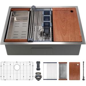 32in Undermount Workstations Kitchen Sinks - 11 Gauge Stainless Steel Sink 10inch Deep Workstation Sink with Cutting Board and Accessories